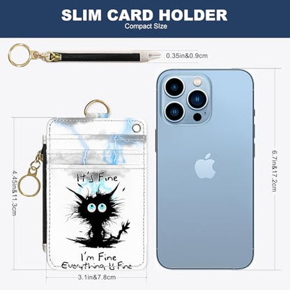 Slim Wallet Credit Card Holder,Cat Struck By Lightning, RFID Wallet Women Cute Small Front Pocket Wallet With Zipper, PU Leather Thin travel RFID Blocking Card Case ID Window,Ladies Gifts - color: Cat Struck By Lightning