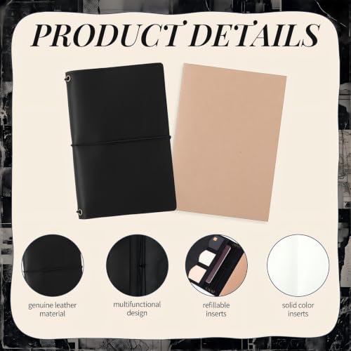 4 Pcs A5 Leather Journal Cover Refillable,Black,A5 Size | Travelers Journal Notebook with 3 Inserts, Inner Pocket Card Holder Pen Slot, Genuine Leather, Travel Gift for Men Women - color: Black
