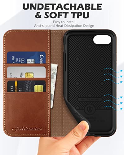 SHIELDON Genuine Leather Case Wallet for iPhone SE 2022/2020, Retro Brown | Magnetic Closure, RFID Blocking, Credit Card Slot, Kickstand, Flip Book Design, Shockproof Phone Cover - color: Brown - Retro