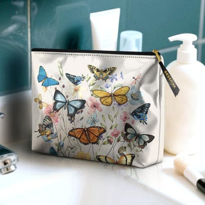 Cute Makeup Bag for Purse Waterproof Cosmetic Bags for Women Funny Smooth Zipper Travel Toiletry Pouch 10X8 Inches-Butterfly Wildflower Makeup pouch - color: Butterfly Wildflower-Makeup Bags
