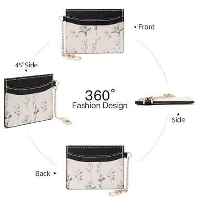 SENDEFN Slim Credit Card Holder for Women Flower Front Pocket Wallet Case with Keychain - color: 3-Black