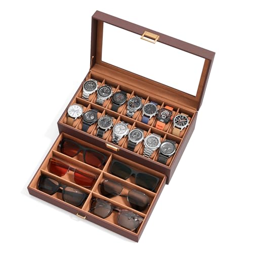 Watch Case Box for Men – 14 Slots Watch Display Organizer with 6-Compartment Eyeglasses Storage, Real Glass Lid 2-Layer PU Leather Collection Holder Gift for Loved Ones Brown - size: 14 Slots, Brown