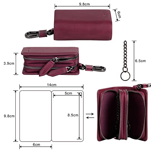 VISOUL Car Key Case Holder Double Zipper, Leather Car Smart Key Fob Case with Keychain for Men and Women - color: Dark Purple