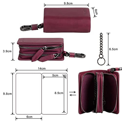 VISOUL Car Key Case Holder Double Zipper, Leather Car Smart Key Fob Case with Keychain for Men and Women - color: Dark Purple