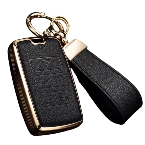 Key Fob Cover for Range Rover Jaguar Evoque Defender Discovery | Leather + Soft TPU Key Case Shell for Land Rover Jaguar XE XJ XF Sport Velar Evoque With Keychain (Black) - color: BLACK