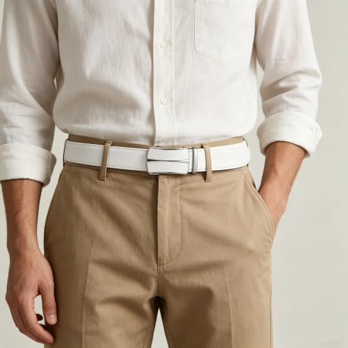 Men's Belt, Ratchet Dress Casual Belt with Adjustable Automatic Buckle Trim to Fit - color: White-06, size: 44"-50" Waist Adjustable