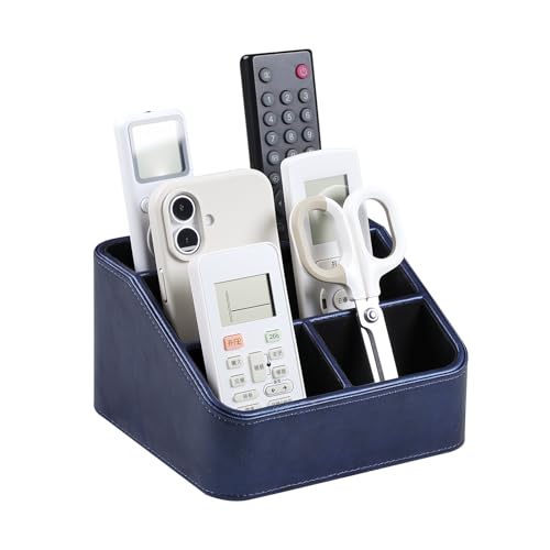PU Leather Remote Control Holder, Nightstand Organizer with 4 Compartments | Luxury Desk Caddy with Velvet Lining, Small Desk Organizer for Living Room, Bedroom, Bedside, End Table, 6.8" x 6.7" x 4" - color: Navy Blue