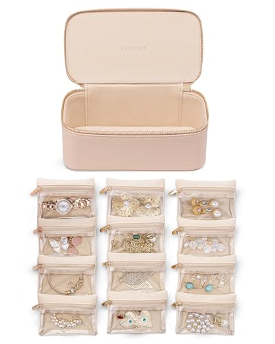 VLANDO Travel Jewelry Organizer with 12 Clear Velvet Zipper Pouches,Khaki | Travel Luggage Storage,Rings,Bracelets,Earrings Storage,Women Girls,Bridesmaid,Anniversaries Gift - color: D.12PCS Khaki