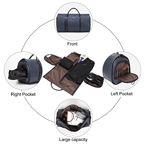 Garment Bags for Travel, 45L Carry-On Convertible Duffle with Strap | 2-in-1 hanging suit bag converts to duffel, shoe compartment, waterproof PU leather, wrinkle-free, detachable strap - color: C-Blue