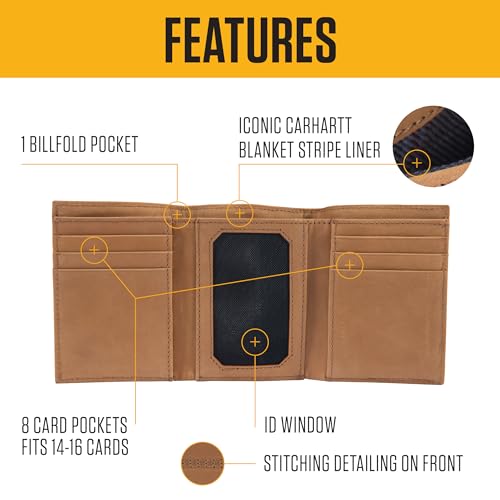 Carhartt Men’s Full Grain Saddle Leather Wallets, RFID Blocking Bifold, Trifold, and Front Pocket Options, Gifts for Men - color: Black (Trifold)