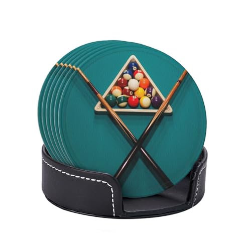 Billiards Leather Drinks Coasters with Holder, Set of 6, Suitable for Various Cups - color: Billiards