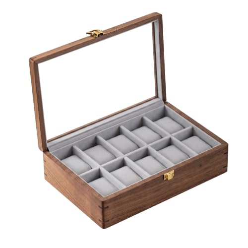 muso wood Walnut 10 Slot Watch Box with Glass Lid for Men | Premium Watch Storage Display Case, Perfect Watch Holder Gift for Men - size: 10 Slot