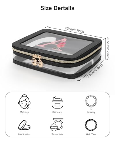 Relavel Personalized Initial Clear Makeup Bag, PU Leather Waterproof Travel Toiletry Bag with Zipper, Portable Skincare Pouch Car Organizer Bag, Idea Gifts for Women Girls, Black I - size: Medium, style: I