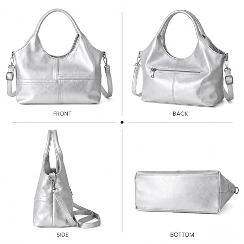 KOGTLA Medium Vegan Leather Purses for Women with Detachable Satchel Strap, Ladies Handbags, Tote Hobo Bags with Two-Handle - color: Silver
