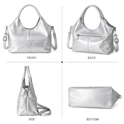 KOGTLA Medium Vegan Leather Purses for Women with Detachable Satchel Strap, Ladies Handbags, Tote Hobo Bags with Two-Handle - color: Silver