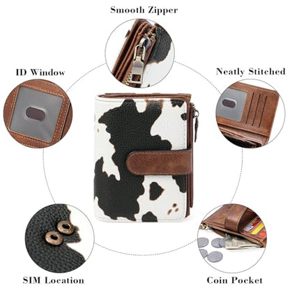 GOIACII Small Wallet Women RFID Blocking Trifold Clutch Ladies Credit Card Holder Zipper Pocket Wallets for Women Cow Print - color: Cow Print
