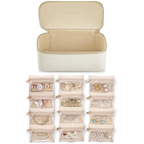 VLANDO Jewelry Organizer Travel with 12 Clear Velvet Zipper Pouches,White | Travel Luggage Storage,Rings,Bracelets,Earrings Storage,Women Girls,Bridesmaid,Anniversaries Gift - color: D.12PCS White