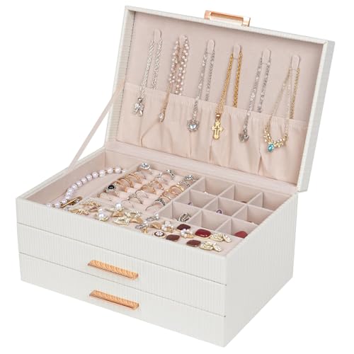 Jewelry Box Organizer, 3-Tier Large Jewelry Storage Organizer with 2 Drawers, Space-Saving Jewelry Boxes for Women, PU Leather Surface with Texture, Gift Idea, Modern Style (White) - color: White