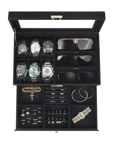 Kukikan Watch Jewelry Box Organizer, 6-Slot 2-Layer Watch Case and Sunglasses Storage with Large Lid, Men's Jewelry Box with Lock, Watch Holder Display Case, Fathers Day Gift for Dad | 2-Layer Lockable Watch Case for Men, Large Glass Lid, Mens Room Access