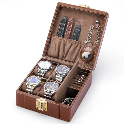 BISON DENIM Watch Box, 4 Watch Travel Case with Combination Lock - PU Leather Men's Watch Storage Box & Jewelry Organizer with Ring Slots & Necklace Hooks, Secure Travel Case, Brown - color: Brown
