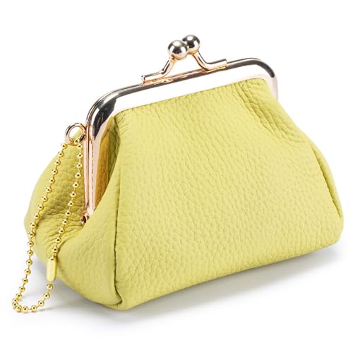 Leather Kiss Lock Coin Purse, Lemon Yellow - color: Lemon Yellow