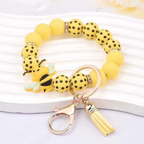 BAOSIWA Silicone Beaded Keychain Wristlet Key Ring Bracelet Cute Car Key Chain Holder for Women Girls - color: Bee