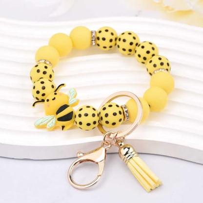 BAOSIWA Silicone Beaded Keychain Wristlet Key Ring Bracelet Cute Car Key Chain Holder for Women Girls - color: Bee
