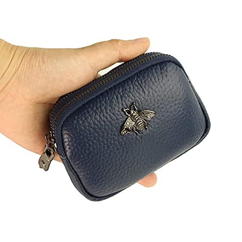 Genuine Leather Coin Purse for Women Small Double Zipper Wallet Mini Change Pouch with Bee Charm for Cash Cards Keys Cute Compact Organizer (Royal Blue) - color: Royal Blue
