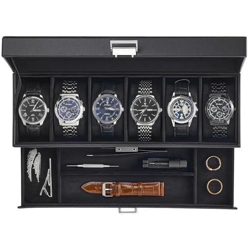 ProCase Watch Case, 6 Slot Mens Watch Box with Drawer -Black | 2-Layer Jewelry Box Display Case Holder Organizer for Men, Clear Lid, Dad Friend Father Anniversary Christmas Birthday Gift - color: Black, size: 6-Slot