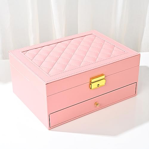 GUOER Jewelry Organizer Box for Women - Large PU Leather Jewelry Organizer Storage Case with Two Layers Display for Earrings Bracelets Rings Watches (Pink) | Vintage Quilting Stitching PU Leather, Earrings Bracelets Rings Necklace Watches Storage Large Je