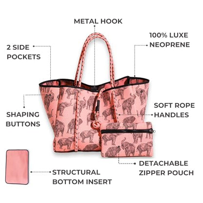 POPUPS Large Neoprene Tote Bag for Women - Everyday Designer Handbag for Travel Work and Beach with Pockets and Zipper Pouch - color: 1majestic Elephants