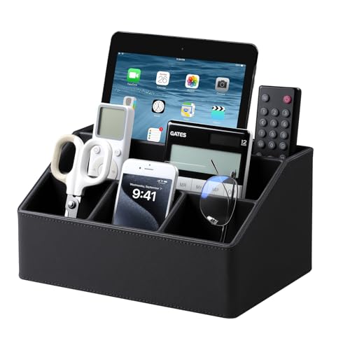 Desk Organizer Caddy Nightstand Organizer Desk Caddy Remote Holder | PU Leather, 5 Compartments, Soft Velvet Lining, Large Storage Capacity - color: Black
