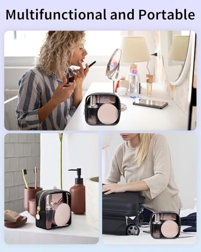 Wandering Nature Clear Makeup Bag for Purse Mini Make up Bag Cute Cosmetic Pouch for Women with Slip-in Pockets Travel Toiletry Essentials Vegan Leather Organizer Pouch,Patent Pending - color: Black