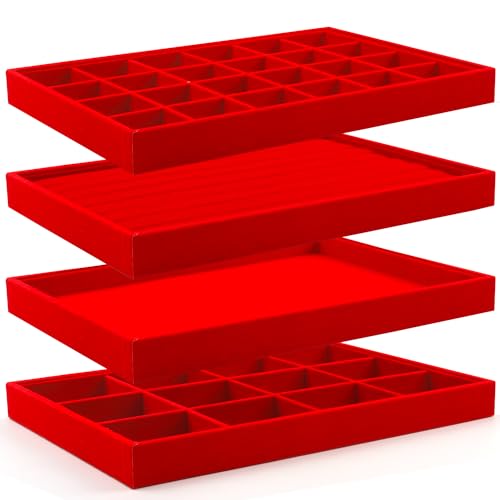 Jewelry Tray, 4 Pack Jewelry Organizer Velvet Jewelry Tray Stackable Jewelry Trays, Necklace & Earring Holder, Divided Bracelet & Ring Storage, 13.8"x9.5"x1.2" - Elegant Display Case (Red) - color: Red