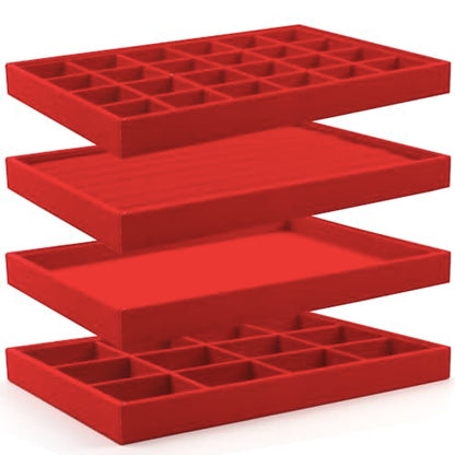 Jewelry Tray, 4 Pack Jewelry Organizer Velvet Jewelry Tray Stackable Jewelry Trays, Necklace & Earring Holder, Divided Bracelet & Ring Storage, 13.8"x9.5"x1.2" - Elegant Display Case (Red) - color: Red
