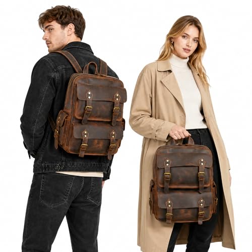 HandadsumeGenuine Crazy Horse Leather Large Travel Back-pack Rucksack Laptop Bag For Men 1965 (1965 Dark Brown 2) - color: 1965 Dark Brown 2