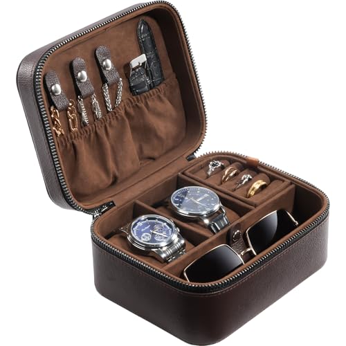 ProCase Travel Watch Case, 2 Slots Mens Jewelry Box -Brown | PU Leather Storage Case for Watches, Cufflinks and Accessories, Zippered Carrying Organizer Bag for Man - color: Brown, size: 2-Slot