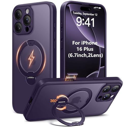 Magnetic Unbreakable Stand for iPhone 16 Plus Case, [Wireless Charging] [Anti-Slip] [Military-Grade Protection] [Compatible with MagSafe] Slim Translucent Matte Phone Cover 6.7 inch, Purple - color: Purple, size: iPhone 16 Plus (6.7Inch,2 Lens)