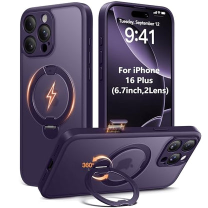 Magnetic Unbreakable Stand for iPhone 16 Plus Case, [Wireless Charging] [Anti-Slip] [Military-Grade Protection] [Compatible with MagSafe] Slim Translucent Matte Phone Cover 6.7 inch, Purple - color: Purple, size: iPhone 16 Plus (6.7Inch,2 Lens)