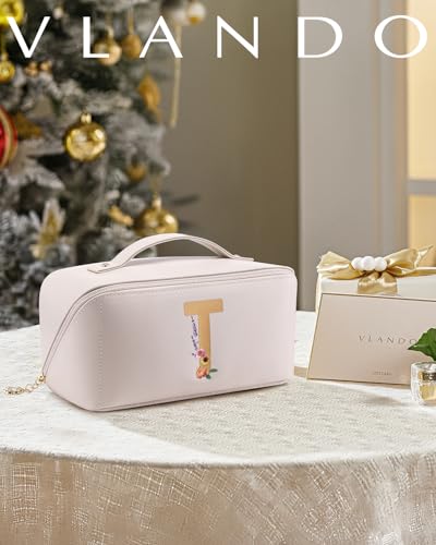 VLANDO Personalized Makeup Bag,Gifts for Women, Letter T,Off White | PU Leather Personalized Toiletry Bag,Open Flat Cosmetic Skincare Organizer,Gifts for Women,Traveler，Daughter - color: 14.White-T