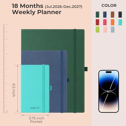Weekly Monthly 2026-2027 Planner (July 26-Dec 27),6.5"x3.75" | 18 Months Agenda Plan with Month Tabs & Pocket,Expenses/Note Pages, Academic Calendar with Vegan Leather Cover,Blue - color: Blue, size: Pocket-6.5" x 3.75"
