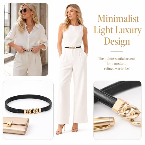 Thin Black Belt with Gold Buckle for Women Skinny PU Leather Waist Belt for Dresses Fashion Accessory for Casual Formal and Office Outfits