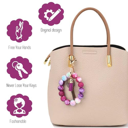 BAOSIWA Silicone Beaded Keychain Wristlet Key Ring Bracelet Cute Car Key Chain Holder for Women Girls - color: Galaxy
