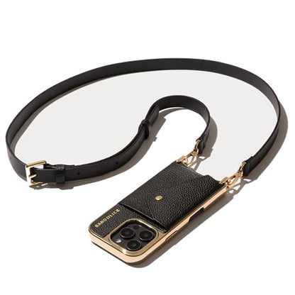 Bandolier Hailey Chrome Crossbody Wallet Phone Case for iPhone 15 Pro. 100% Genuine Pebble Leather with Gold Hardware. Adjustable & Removable Strap. Expandable Flip Card Holder. Black with Gold - color: Black/Gold Chrome, size: iPhone 15 Pro