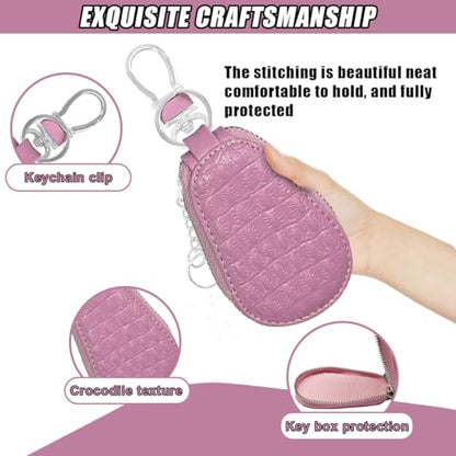 Leather Car Keychain Case Holder - Keyring Zipper Bag Auto Key Fob Cover Case with Metal Hook - Car Key Case Smart Key Fob Protector for Remote Key Fob (Pink) - color: Pink
