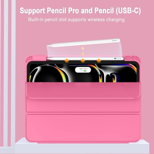 iPad Pro 11 Inch Case (M5) 2025/ (M4) 2024 (Model: A2836/A2837/A3006), Trifold Stand Smart Cover with Pencil Holder and Soft TPU Back, Auto Wake/Sleep (New Peach Red) - color: New Peach Red