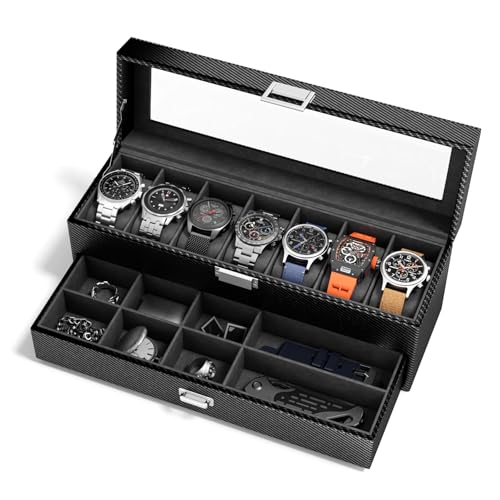 Watch Case Box for Men - 7 SLots Watches Storage Organizer Real-Glass Display Case with Jewelry Drawer 2-Layer Ti Pu Leather Collection Holder Gift for Love Ones Metal Black - size: 7 Slots, Metal Black