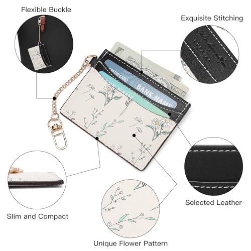 SENDEFN Slim Credit Card Holder for Women Flower Front Pocket Wallet Case with Keychain - color: 3-Black