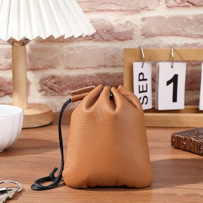 4.7 Inch Mini Genuine Leather Drawstring Coin Purse Vintage Leather Change Bag Cowhide Jewelry Storage Pouch Waterproof Dice Holder Bag for Men Women Earphone Earring Money - style: Style 2