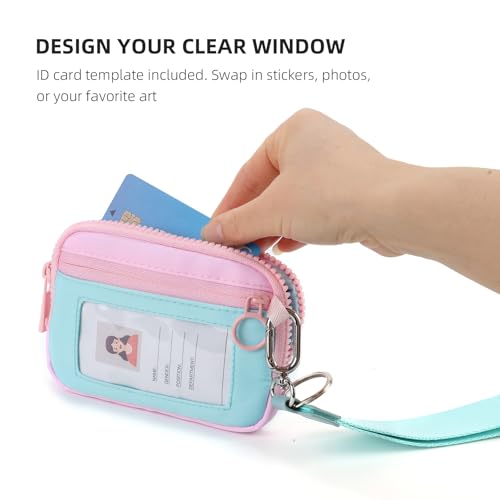 The Iris Wallet Zipper Mini Coin Purse Keychain ID Holder Wallet | Zip Card Case with ID Window Purses for Women Mini Portable Keychain Wallet, Blue and Pink with Lanyard - color: Blue and Pink